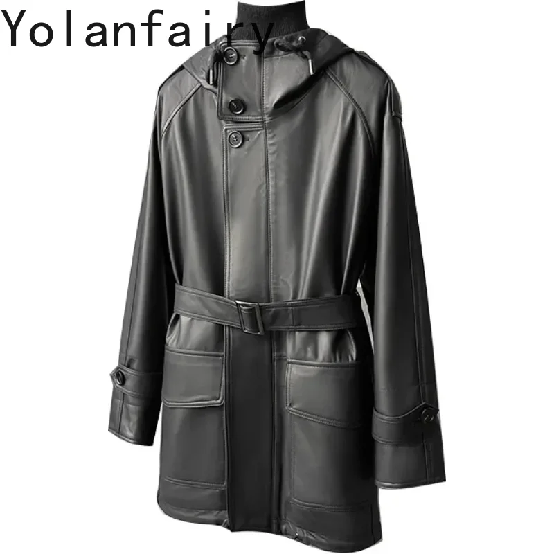 YOLANFAIRY Real Leather Jacket Women Spring Trend Clothing Female Sheepskin Coat Women Medium Long Hooded Leather Trench Coat FC