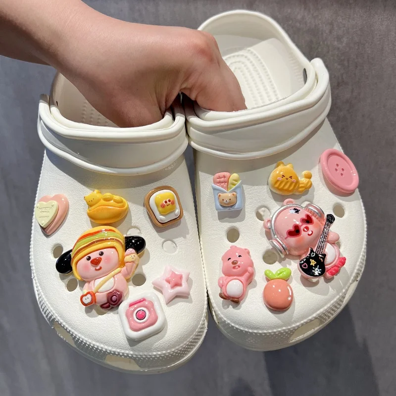 12 Stück lustige Lebensmittel-Bberset-Harz-Charms für DIY-Zubehör für Clogs, Blasen-Slides, Sandalen, Cartoon-Tiermuster, Partygeschenke