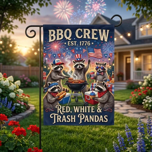 Raccoon BBQ Garden Flag, Patriotic Backyard Party Yard Sign Decor AAV hhz