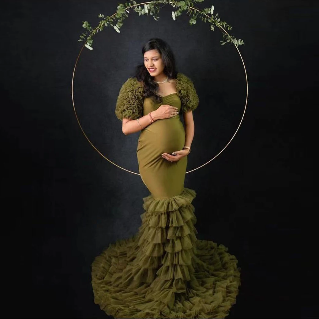 Vestido de maternidade de tule verde oliva com babados lindo vestido longo para grávidas mangas em camadas vestidos femininos sereia exuberante chá de bebê