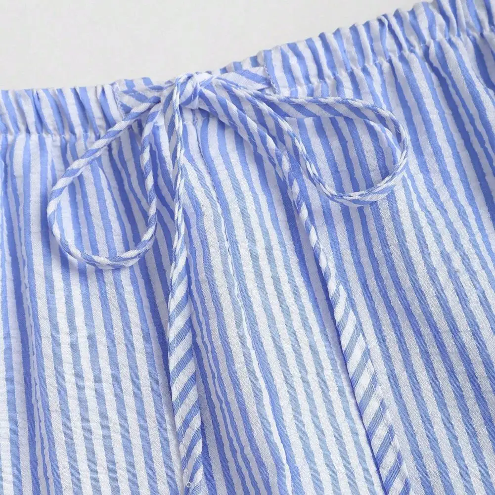 Women's Striped 2 Piece Outfits Tie Front Ruffle Top And Wide Leg Pants Sets Summer Casual Sleeveless Lounge Sets
