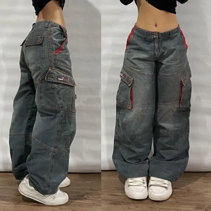 90er Vintage Falten hals Skateboard Denim Jeans antike Skateboard Straße y2k Harajuku waschen blau mehrere Taschen Baggy Jeans