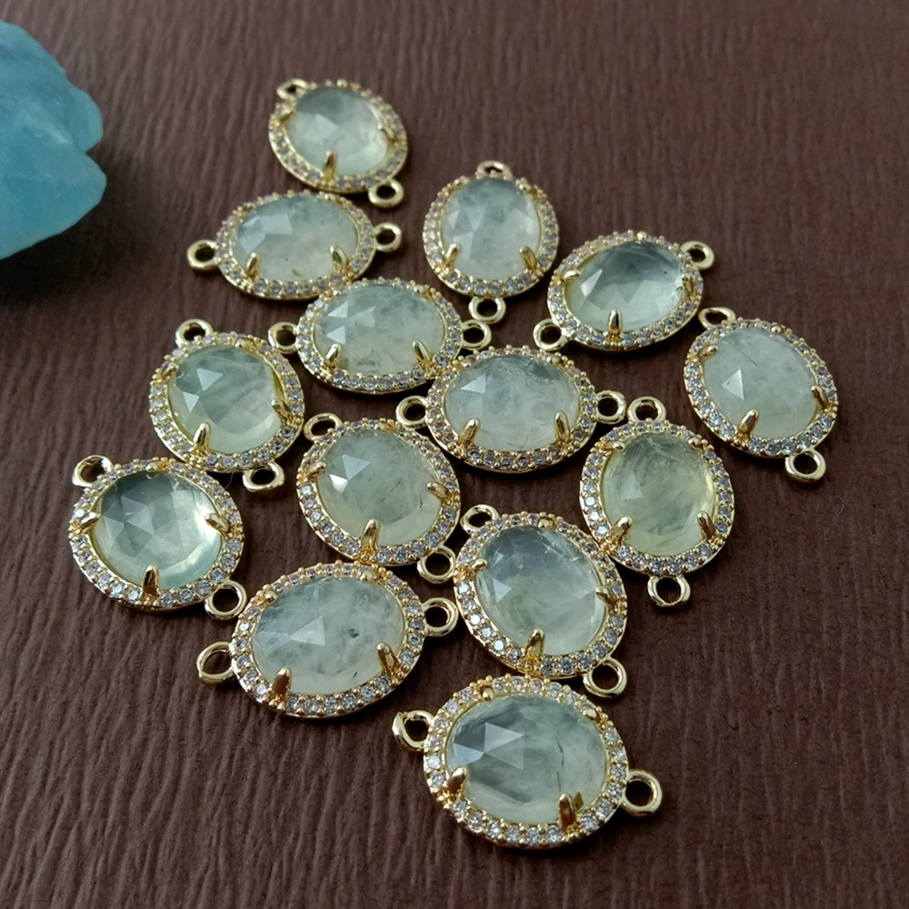 10pcs 18x25mm CZ Pave natural Oval Faceted Green Prehnite Charms Connector Double ring Handmade DIY