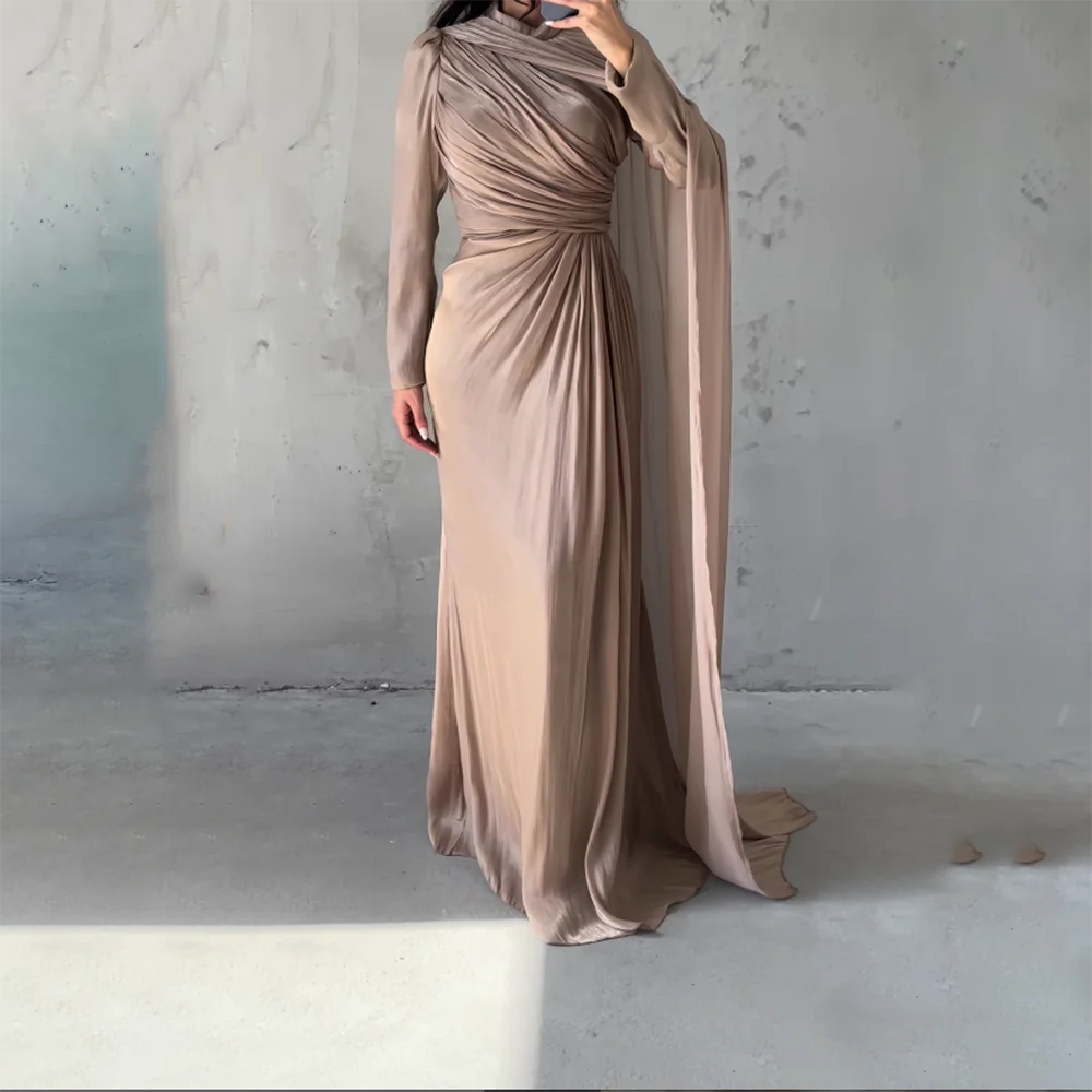 

Muslim Evening Dress Customized High Neck Long Sleeves Evening Gowns Long Pleated Mermaid Simple Formal Party Dresses 2025
