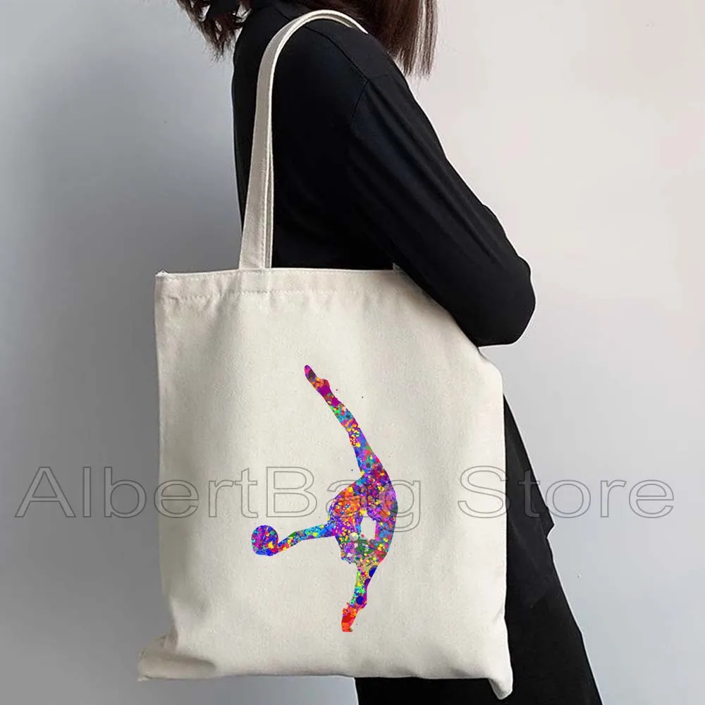 Colorful Rhythmic Gymnastics Ribbon Rope Ball Watercolor Art Cute Sport Gifts Women Canvas Shoulder Tote Bag Shopper Handbag