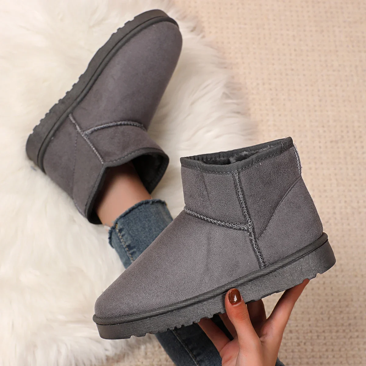 Modische/Sexy Rutschfeste Winterstiefel mit Flachem Schaft, Neue Runde Zehenpartie, Bequeme und Lässige Warme Schneestiefel für Damen – Detail 6