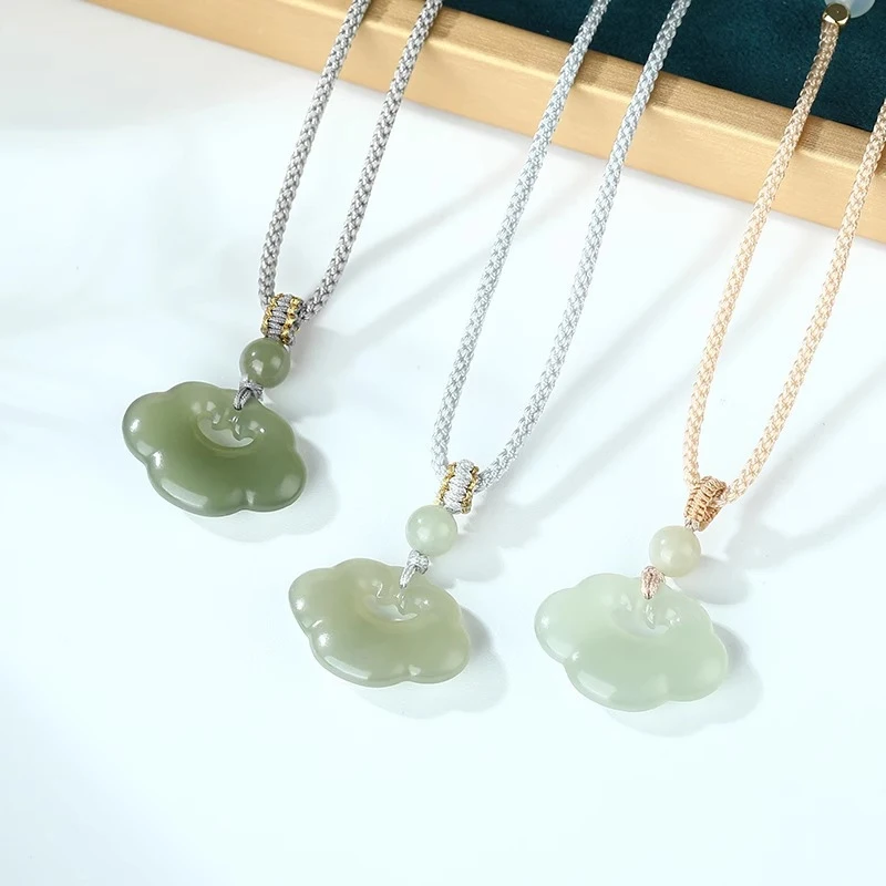 

Natural Hetian Ruyi Lock Women, Jade Necklace with Braided Rope, Style Auspicious Cloud Pendant