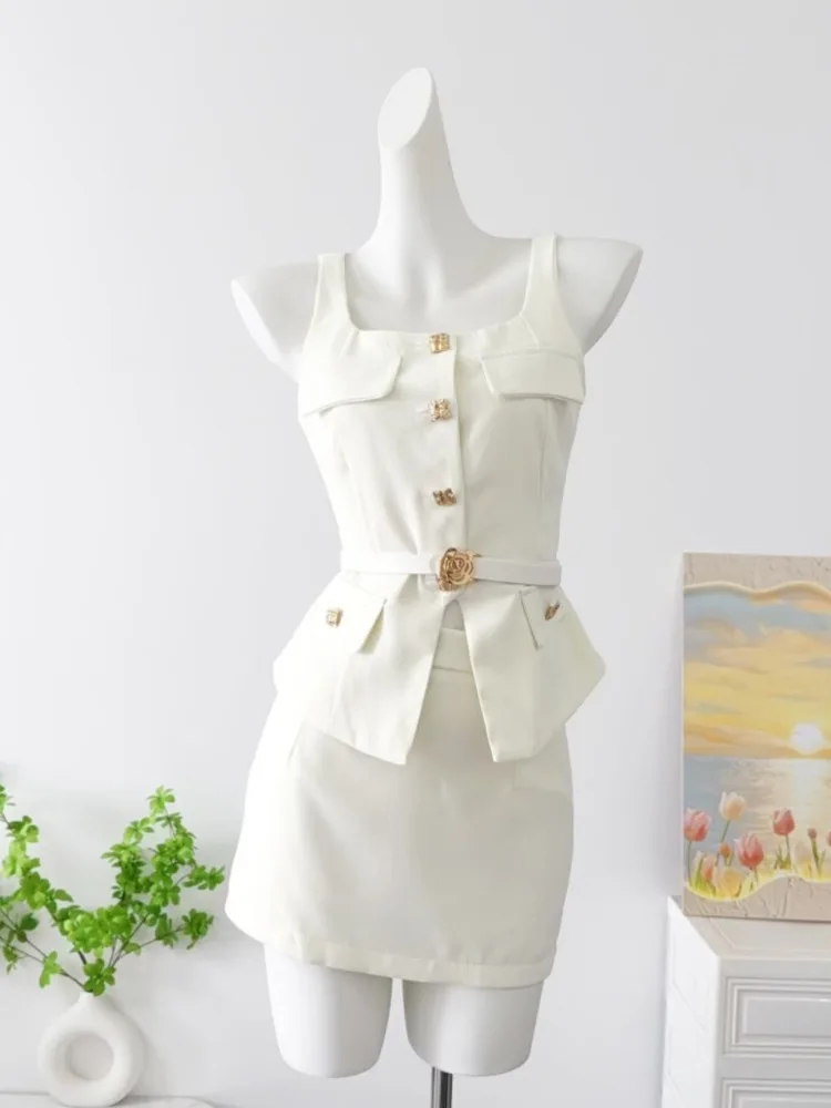

Women's Elegant Set Sleeveless Button Blazer Vest+ Mini Skirts Suit 2025 Summer Casual Streetwear Two 2Piece Set OL Work Outfits