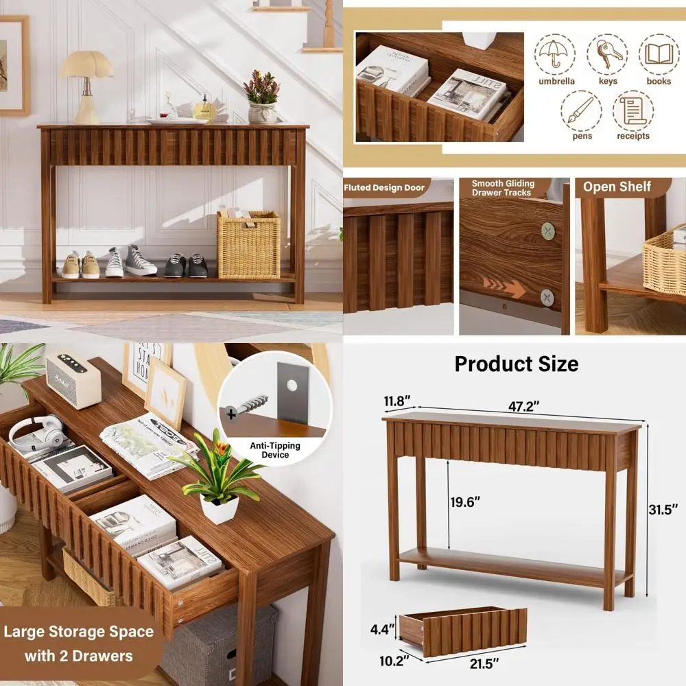 طاولة وحدة تحكم للمدخل الحديثة في منتصف القرن مع درجين ورف، طاولة أريكة 47.2 لغرفة المعيشة، حل تخزين أنيق #1