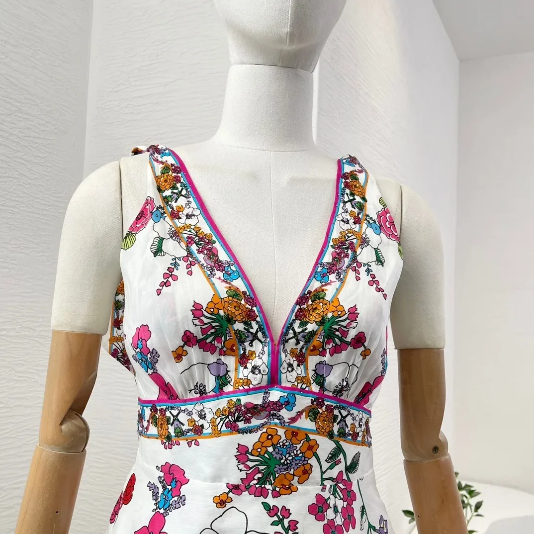 Mini vestido de linho sem mangas para mulheres, estampa floral, ombro de gravata, alta qualidade, novo, 2024