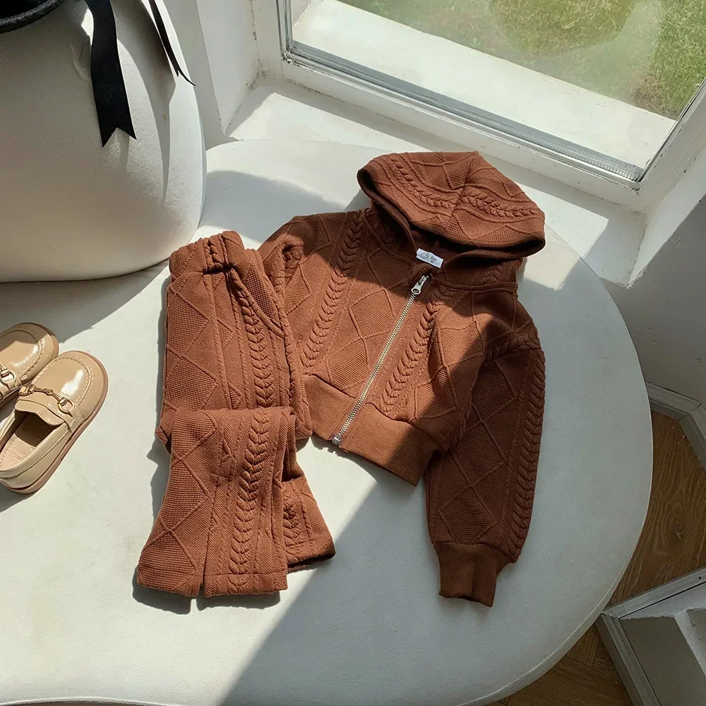 

Spring Infants Girls Clothing Casual Hooded Zipper Sweater Pants Two Pieces Kids Outfits Set Solid Knitwear Children Costumes