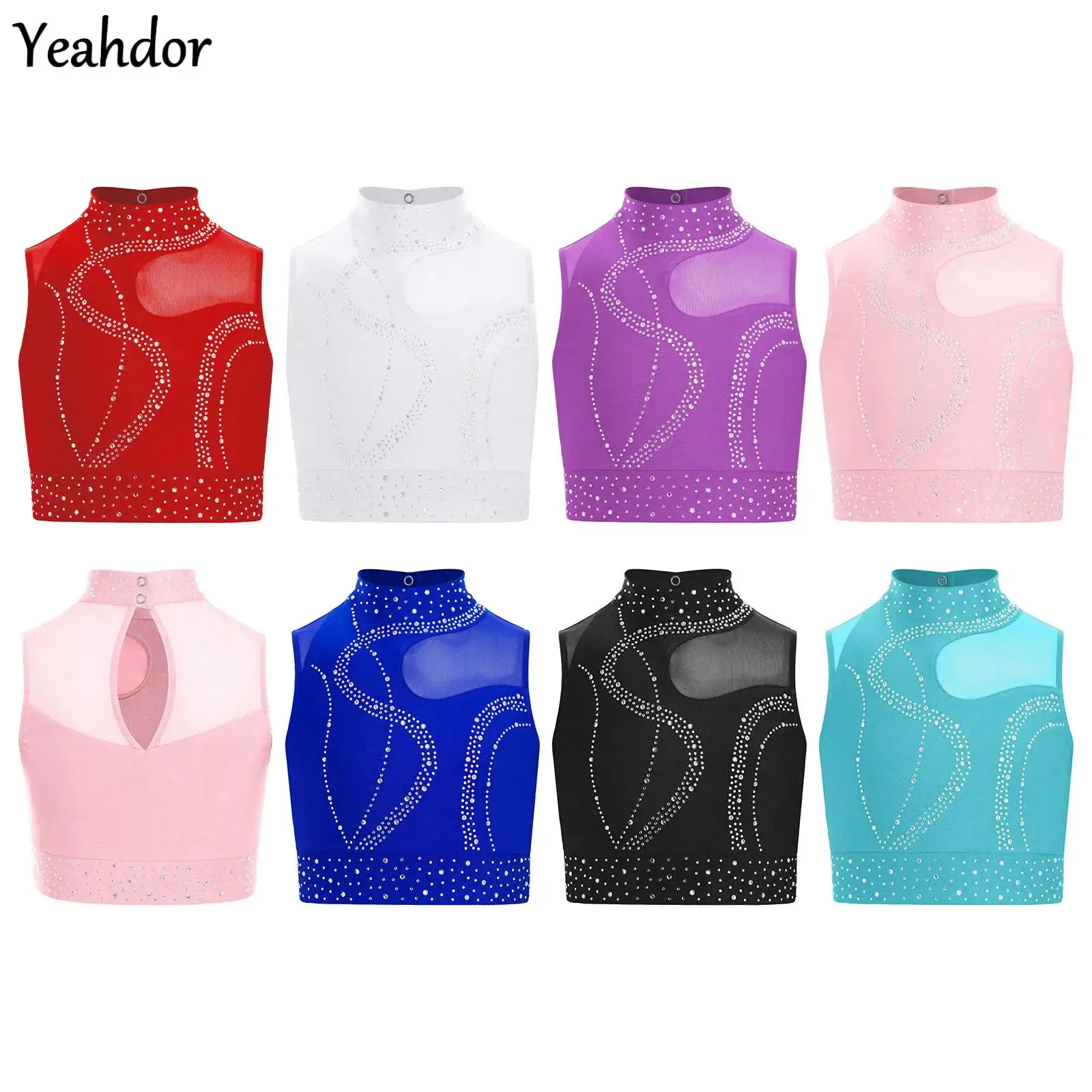 

Kids Girls Shiny Rhinestones Dance Crop Top Sleeveless Sheer Mesh Gymnastics Dance Vest Practice Performance Competition