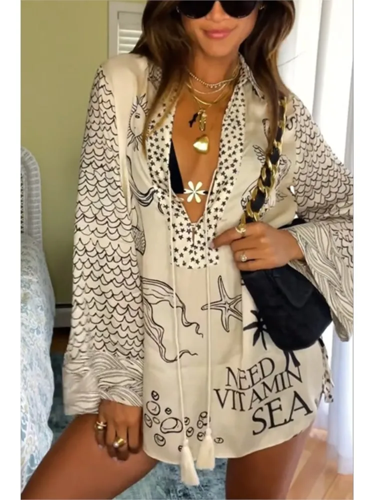 

Summer Satin 2Pcs Temperament Suit Women Set Lady Pattern Print V-Neck Long Sleeve Shirts&Shorts Vacation Beach Style Outfits