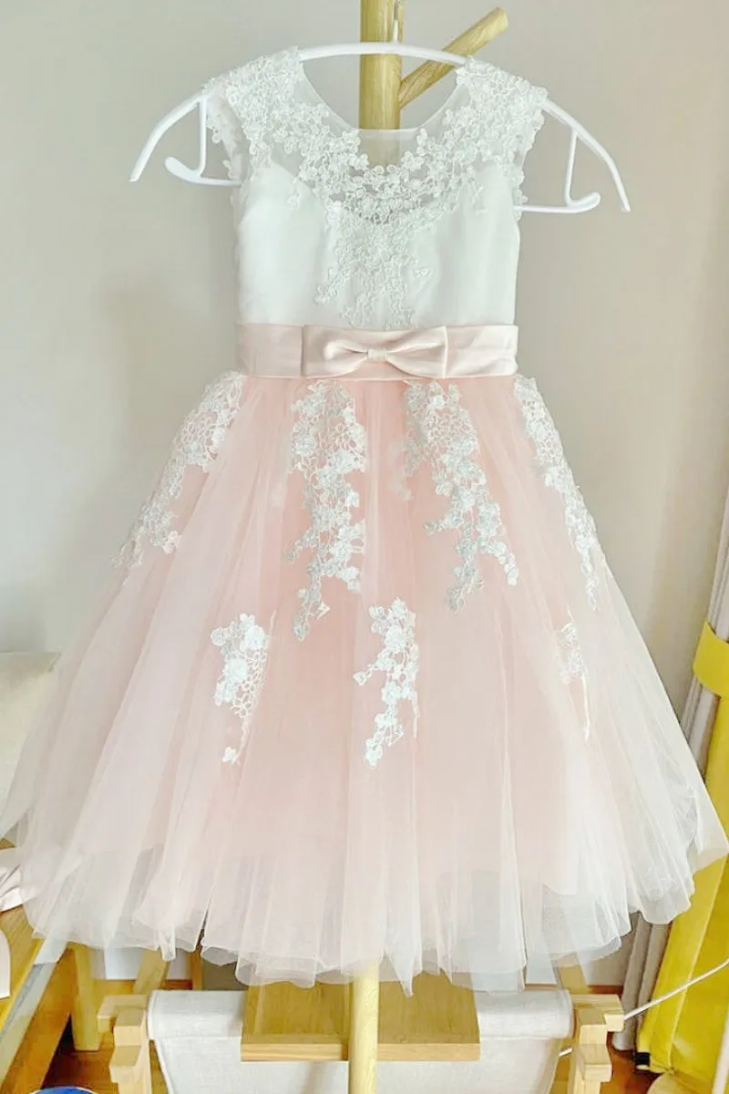 Vestido elegante de tul para niña, traje con lazo de cuello redondo y apliques, color blanco y rosa, para fiesta de boda y cumpleaños