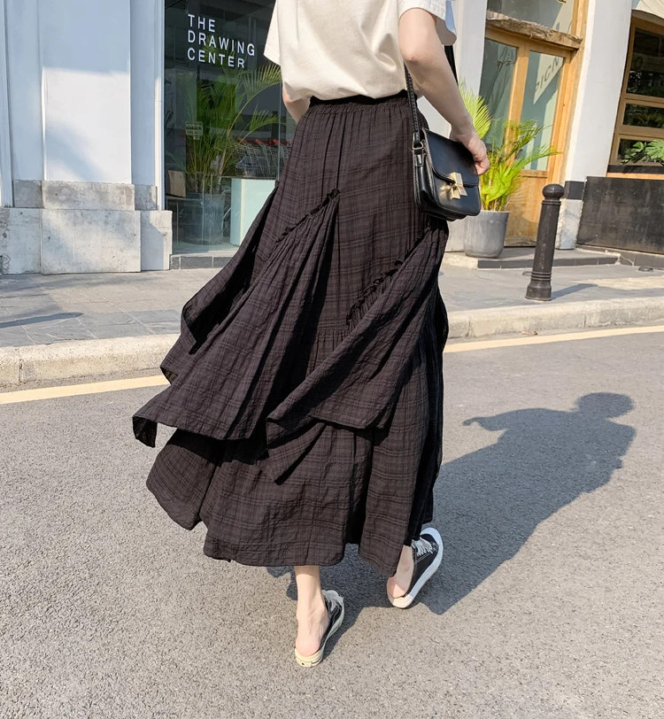 2024 Summer Retro Plaid Long Women New High Waist Slim Casual Simple Contrast Color Irregular Big Swing Skirt Free Shipping