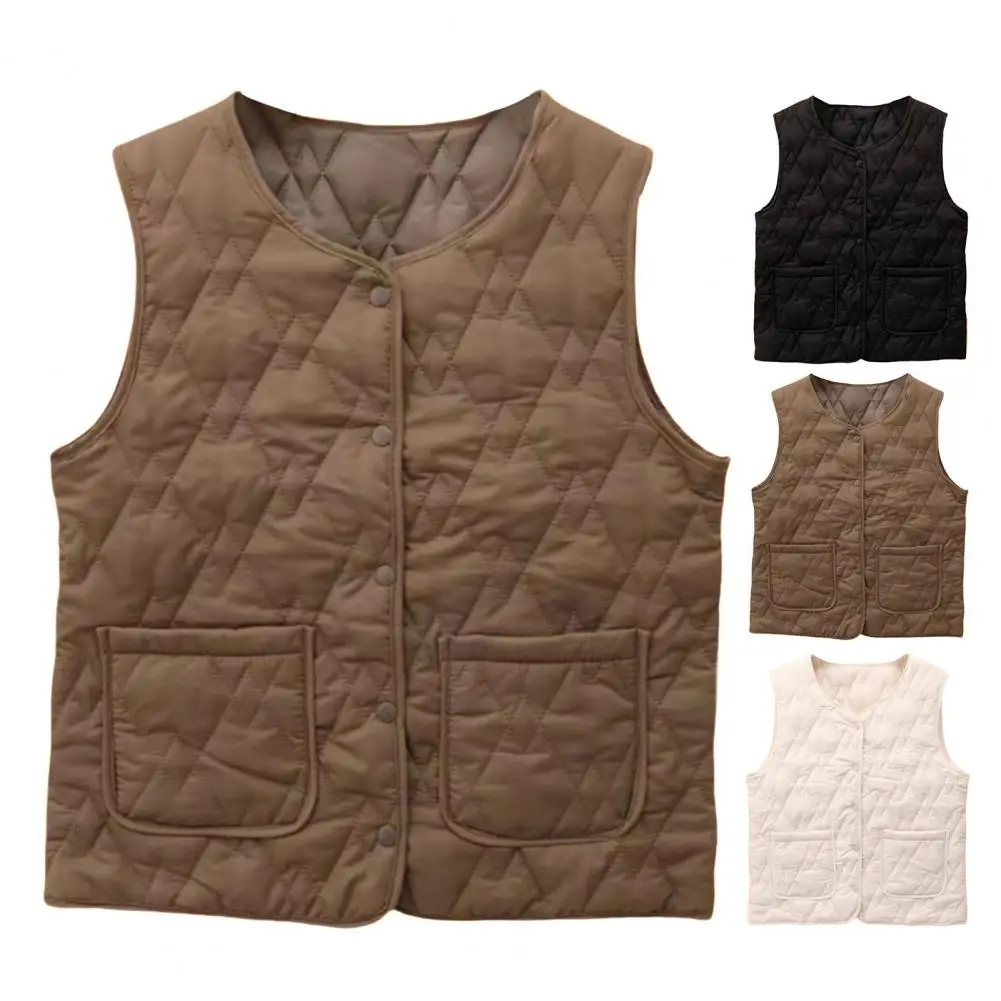 Women's Thermal Vest Sleeveless Closure Jacket Round Neck Imitation Silk Cotton Padded Waistcoat For Autumn Winter Daily Wear