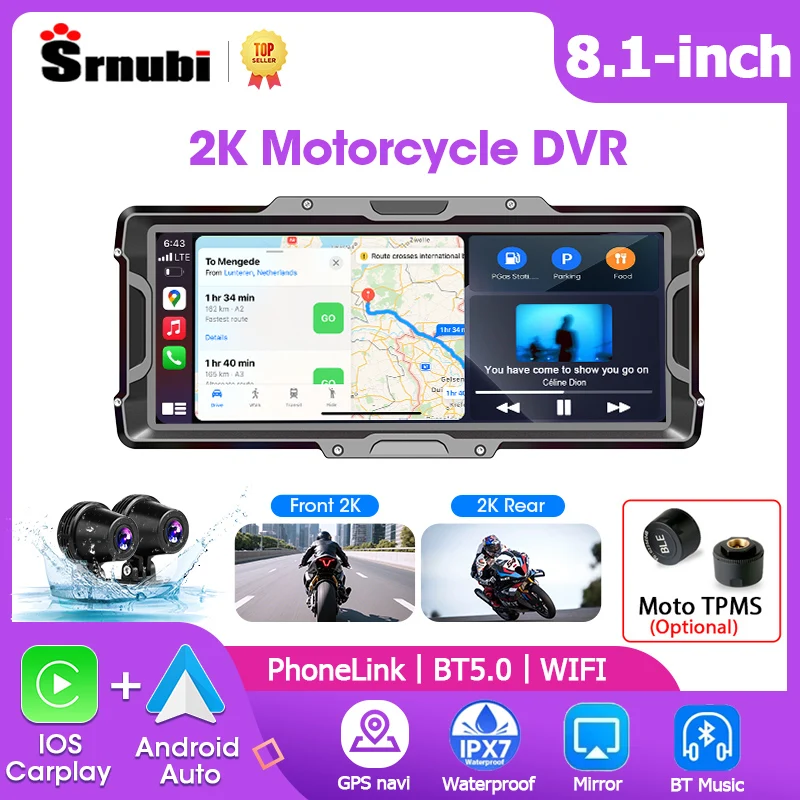 

Srnubi 8.1" Motorcycle DVR 2K Front and Rear Camera Navigation GPS Wireless Carplay Android Auto Moto Monitor with TPMS Sensor