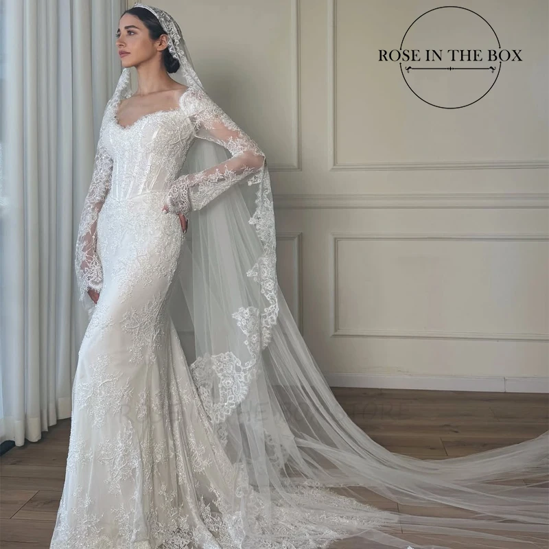 

ROSEINTHEBOX Sweetheart Lace Appliques Simple Customized Wedding Dress Long Sleeve Mermaid Elegant Brides Dresses with Veil