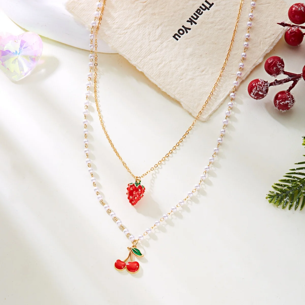 Reisperlen-Erdbeer-Anhänger-Halskette für Damen und Herren, süße, niedliche Kirsch-Herz-Schleifen-Quasten-Halskette, Y2K-Sommer-Modeschmuck – Detail 24