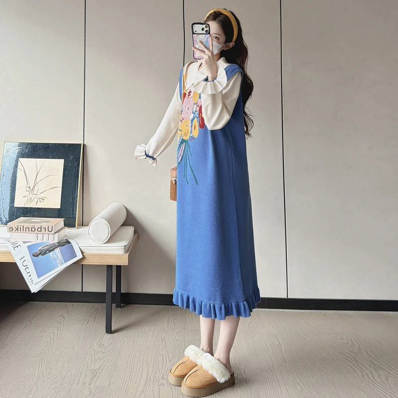 Maternity Knit Long Dress Autumn Flower Turn‑Down Collar Ruffle Long Sleeve