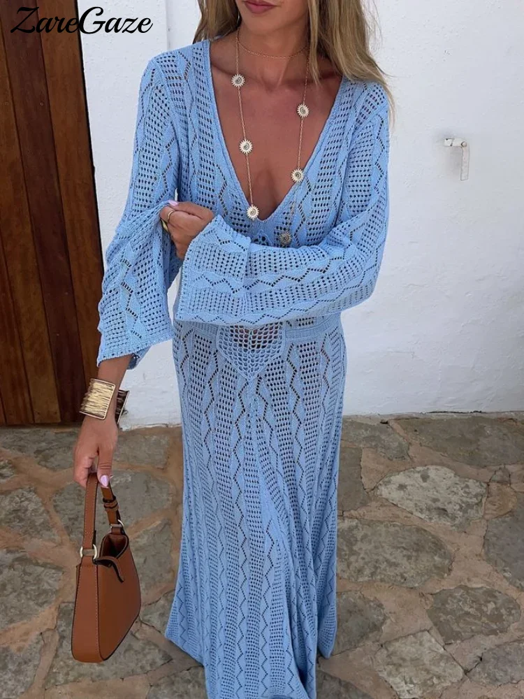 Loose Blue Knitted Long Dresses Women V-neck Long Sleeves Hollow Out See Through Dress 2025 Spring Summer New Beach Holiday Robe