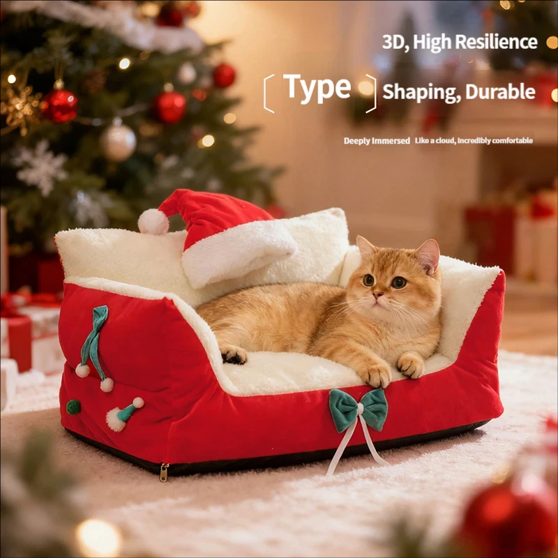 Christmas cat bed, Christmas dog bed, warm and fluffy cat and dog cushion nest, detachable washable cushion.