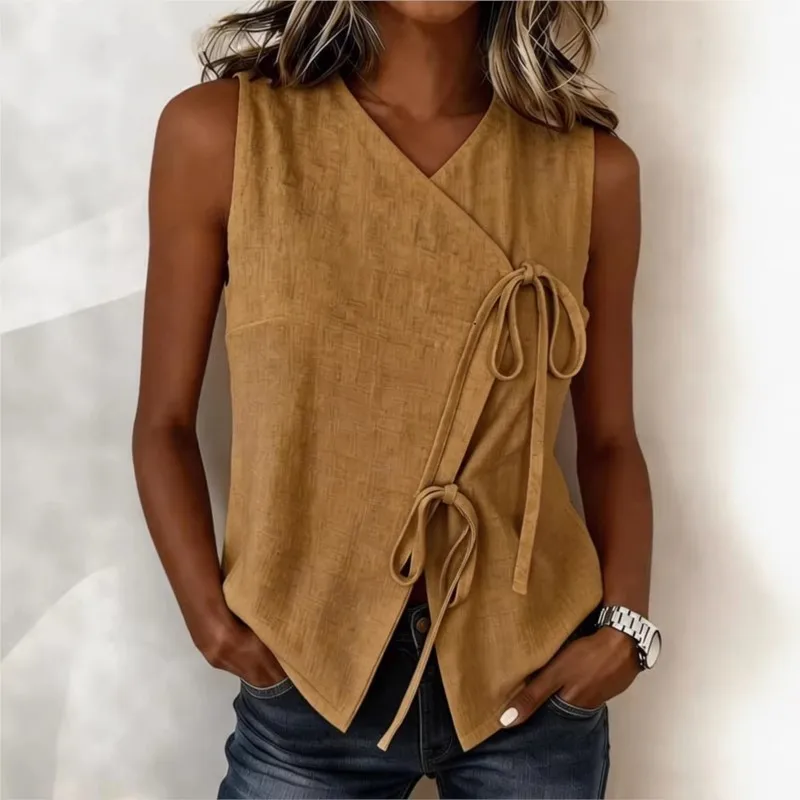Women's Sleeveless Top V-neck Side Strap Vest Casual Loose Solid Color White Summer Sleeveless Top Womens Clothing 2026 New