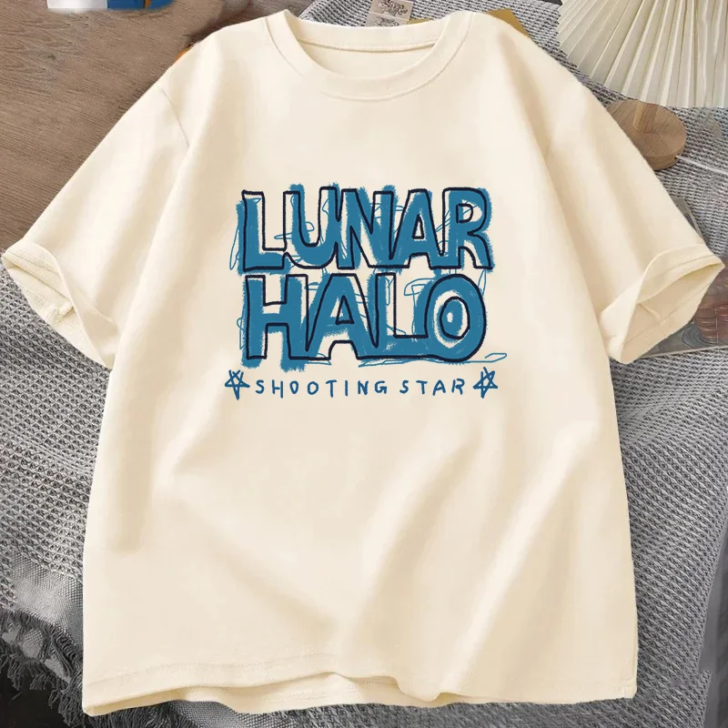 LUNAR HALO Letter Printed T-Shirt Summer Men's Cotton Clothes Round Neck Short Sleeve Top Fashion Street Clothing Brand Clothing