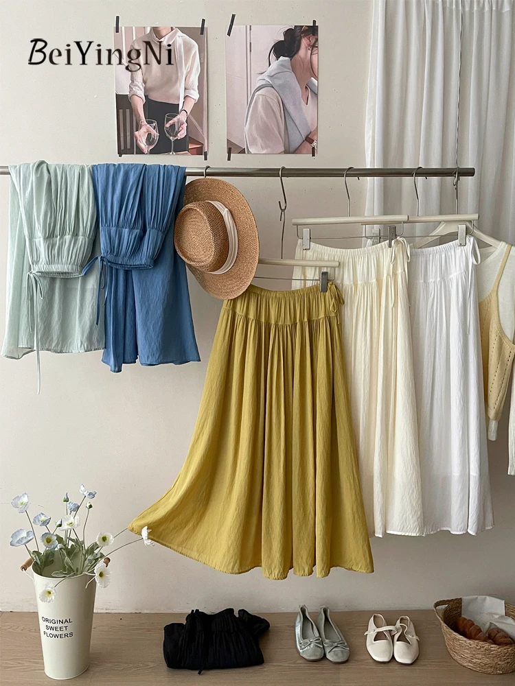 

Элегантная французская юбка-трапеция Beiyingni для женщин, летняя, однотонная, с завязками, винтажная плиссированная юбка для повседневной носки, женская, для работы, Jupe
