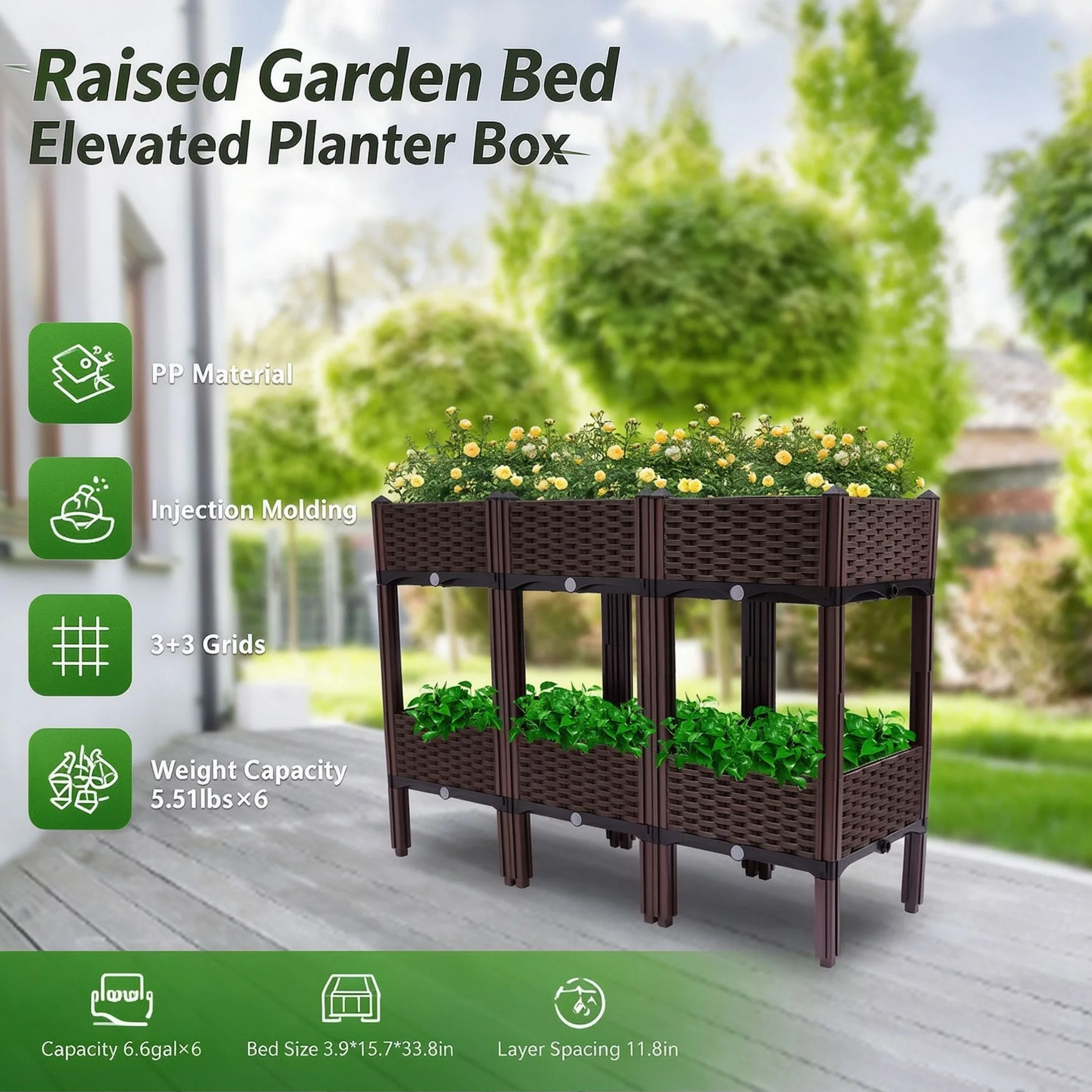 3.9ft*15.7in*33.8in Square Raised Garden Bed, Self-Watering Plastic Planter For Indoor Outdoor Vegetables, Fruits, Potato, Flowers, All Weather