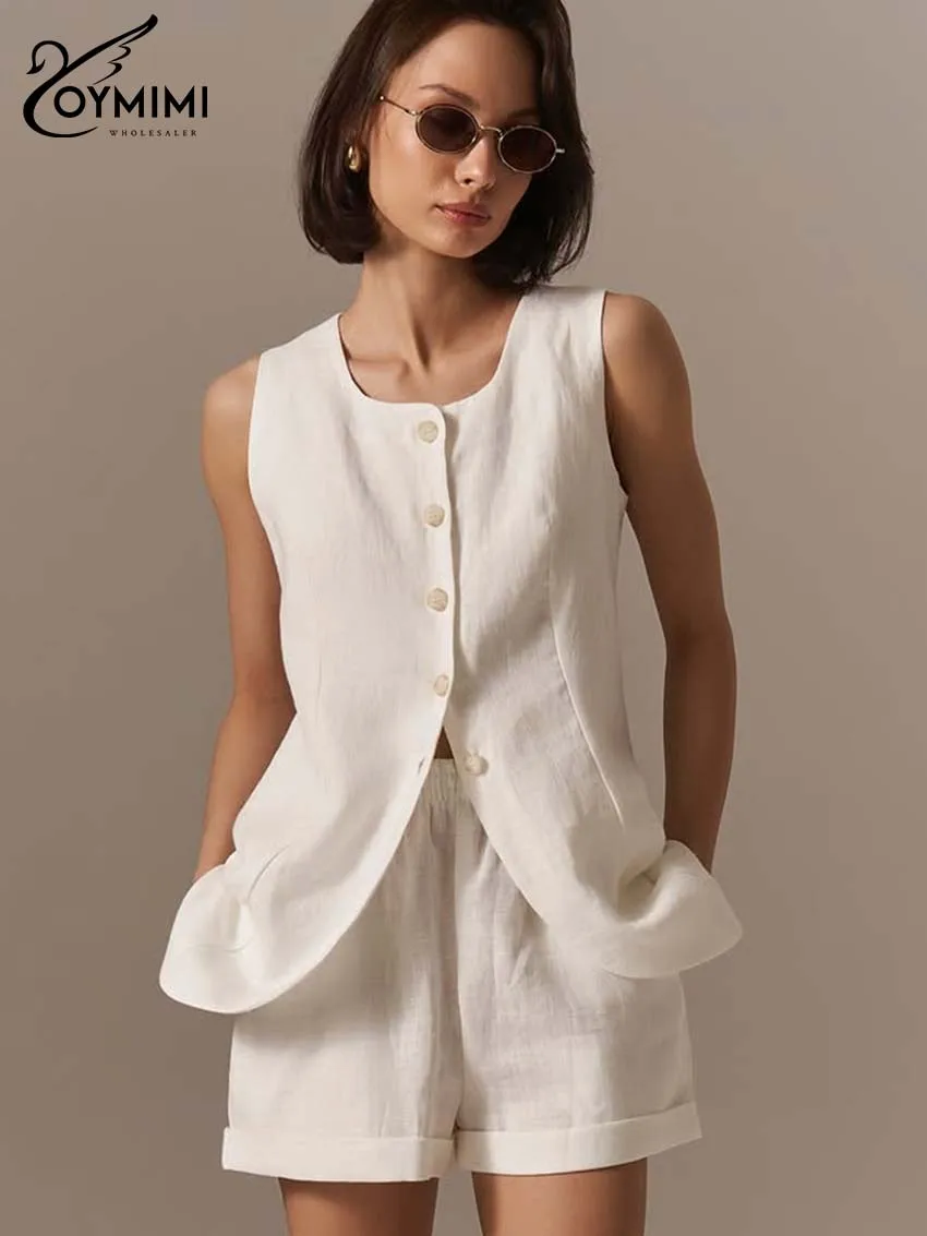 

Oymimi Fashion White Cotton Two Piece Set Woman Elegant O-Neck Single Breasted Tank Tops And High Waisted Pockets Shorts Sets