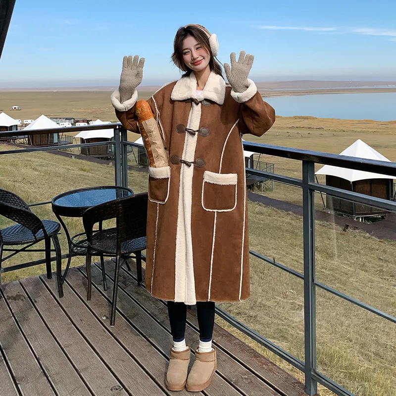 Bruine lange lamsbontjas voor dames, wintereditie 2025, losse en dikke suède katoenen jas Windbreaker mode-top