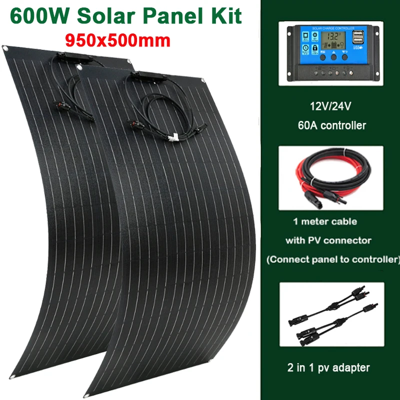 18 V 300 W 600 W flexibles Solarpanel-Set, monokristallines Solarstromzellen-Ladegerät für Outdoor, Camping, Yacht, Wohnmobil, Auto, Wohnmobil, Boot