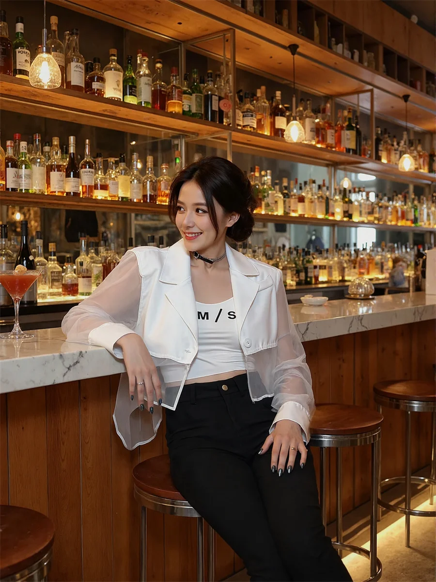 سترات شفافة شفافة مقاومة للشمس للنساء مع تصميمات ملابس نسائية شتوية على الطراز الكوري أنيقة واحدة الصدر OL