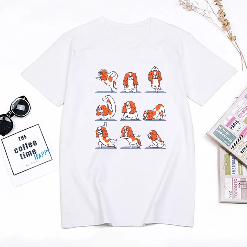 Kawaii Beagle T Shirts Women Funny Tee Yoga pose Bull Terrier Tops O-neck Cute Graphic Print Summer Harajuku Female Clothes