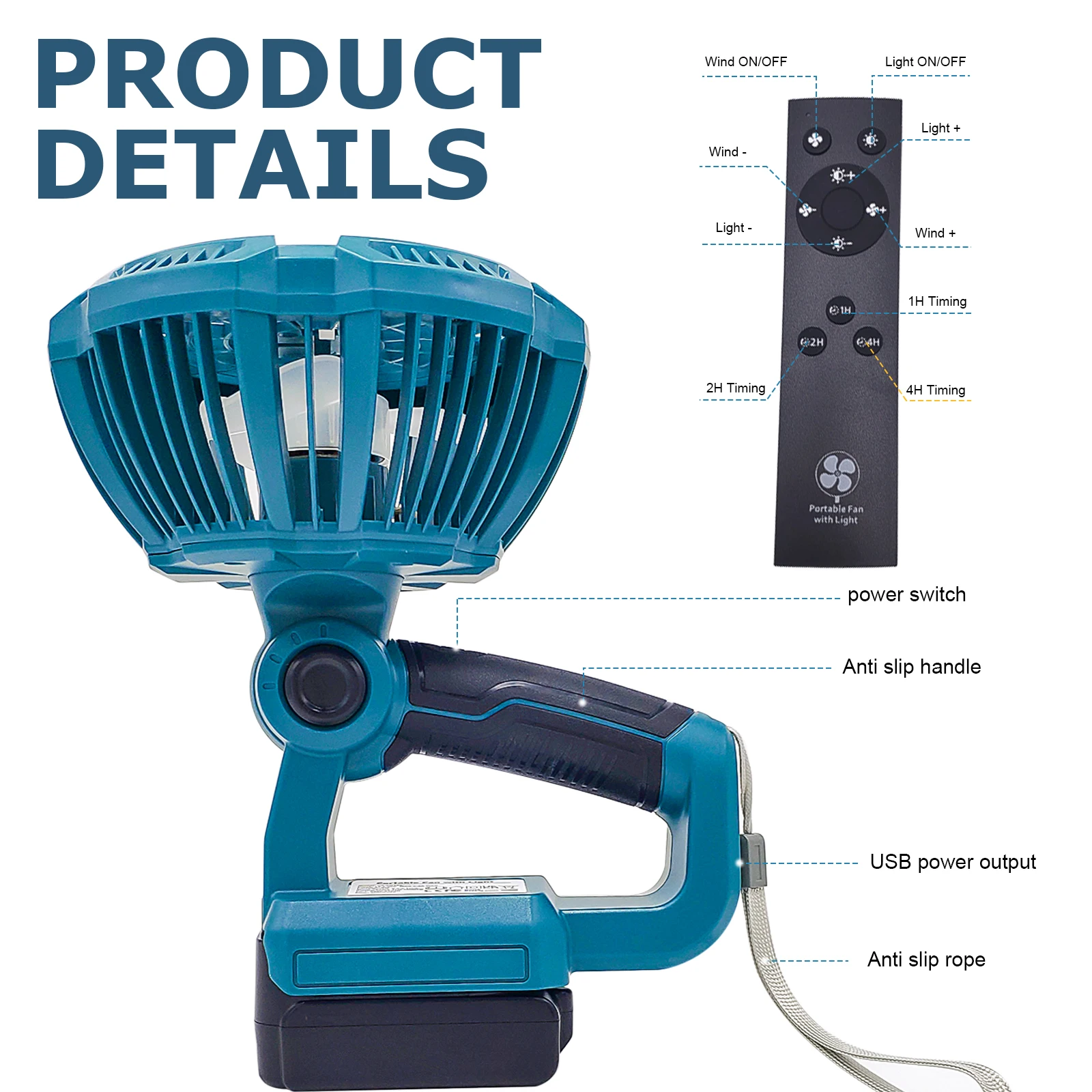 Ventilador de Camping con linternas LED de 9W, adecuado para batería de iones de litio Makita de 18V, ventilador portátil de mano con puerto USB, control remoto IR