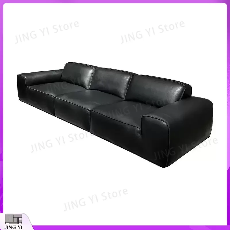 

Big Black Cowhide Leather Sofa Full Top Layer Genuine Leather Italian Minimalist Living Room Straight Row Sofa for Home