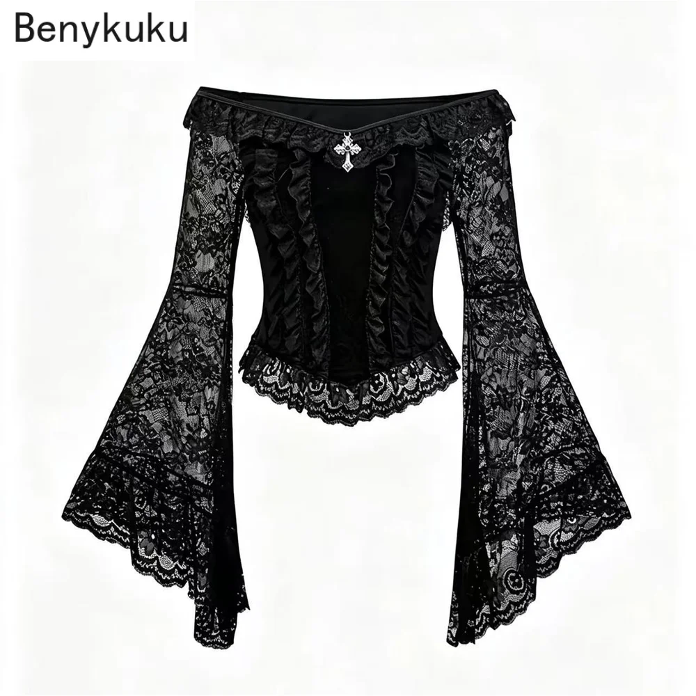 Gothic Off Shoulder Blouse Women Vintage Flare Long Sleeve Lace Top Dark Academia Ruffled Corset‑Style Crop Top Party Streetwear