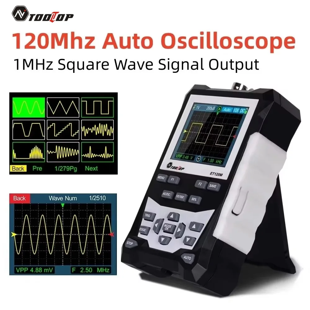 TOOLTOP ET120M 500MS/s 120MHz Portable Digital Oscilloscope Auto Laboratory Scope for Electrical Repair USB Oscilloscope Tools