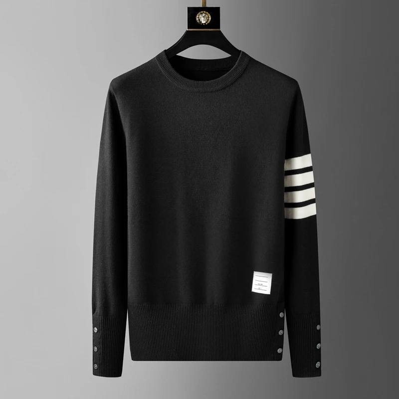 High end brand round neck sweater men's autumn and winter 2023 new classic four stripe trend hem split Korean casual pullover