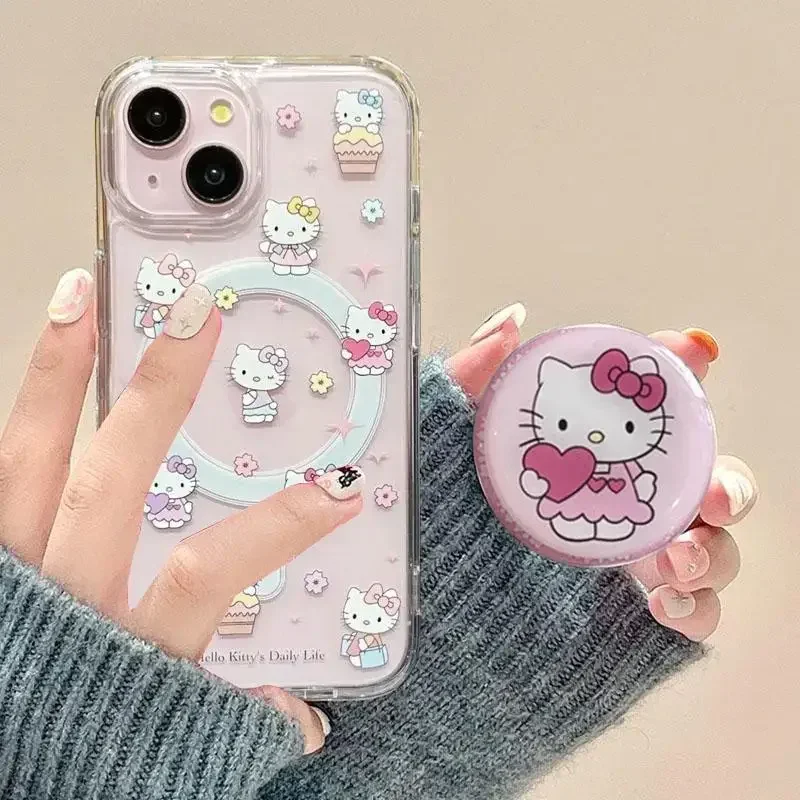 Sanrio Hello Kitty Magnetic Holder Magsafe Wireless Charge Case For Samsung Galaxy S24 S25 Ultra S22 S23 Plus FE Z Flip 6 5 4 3