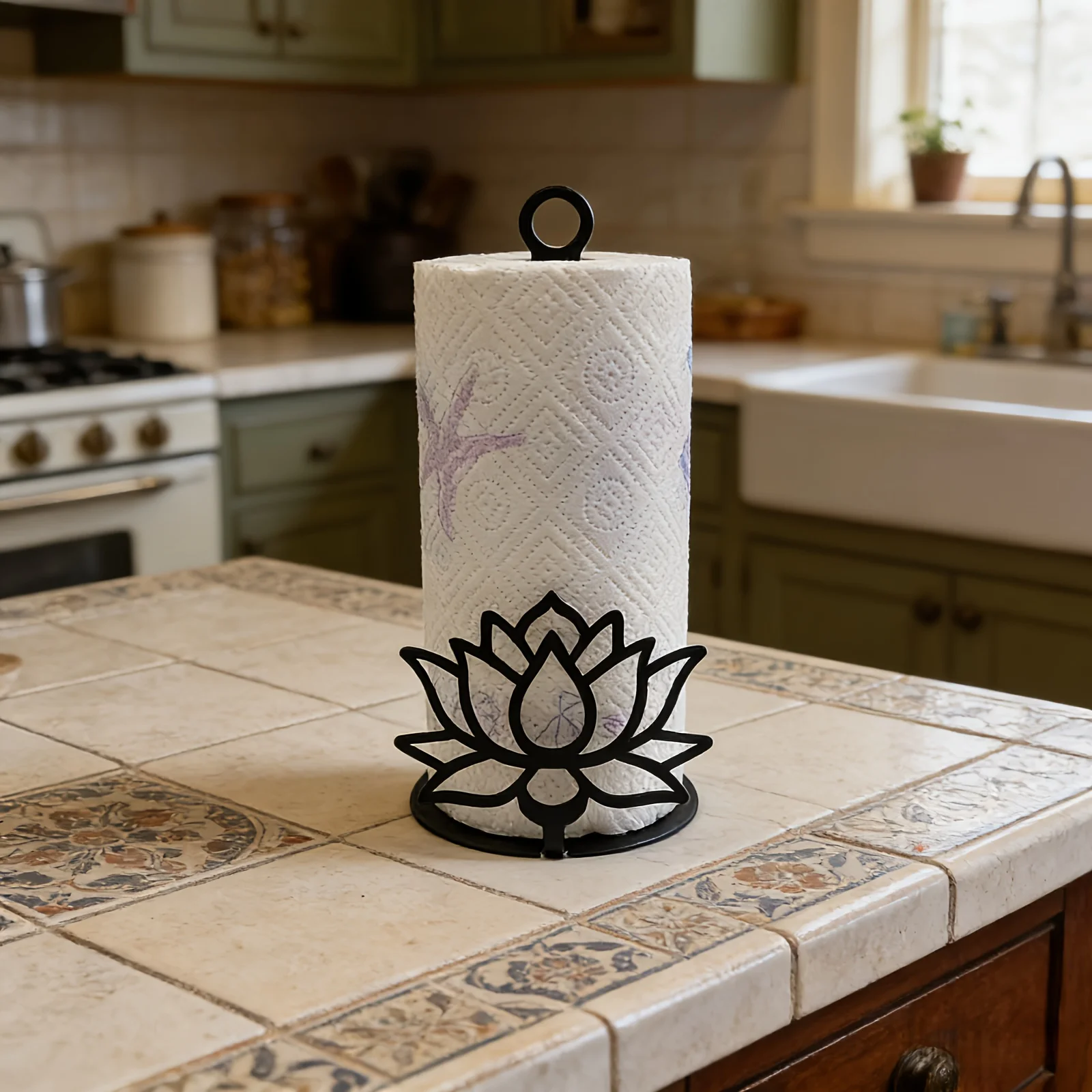 Black Wrought Iron Hollow Lotus Design Kitchen Paper Holder, Suitable for Home Kitchen Countertops, Sturdy Storage