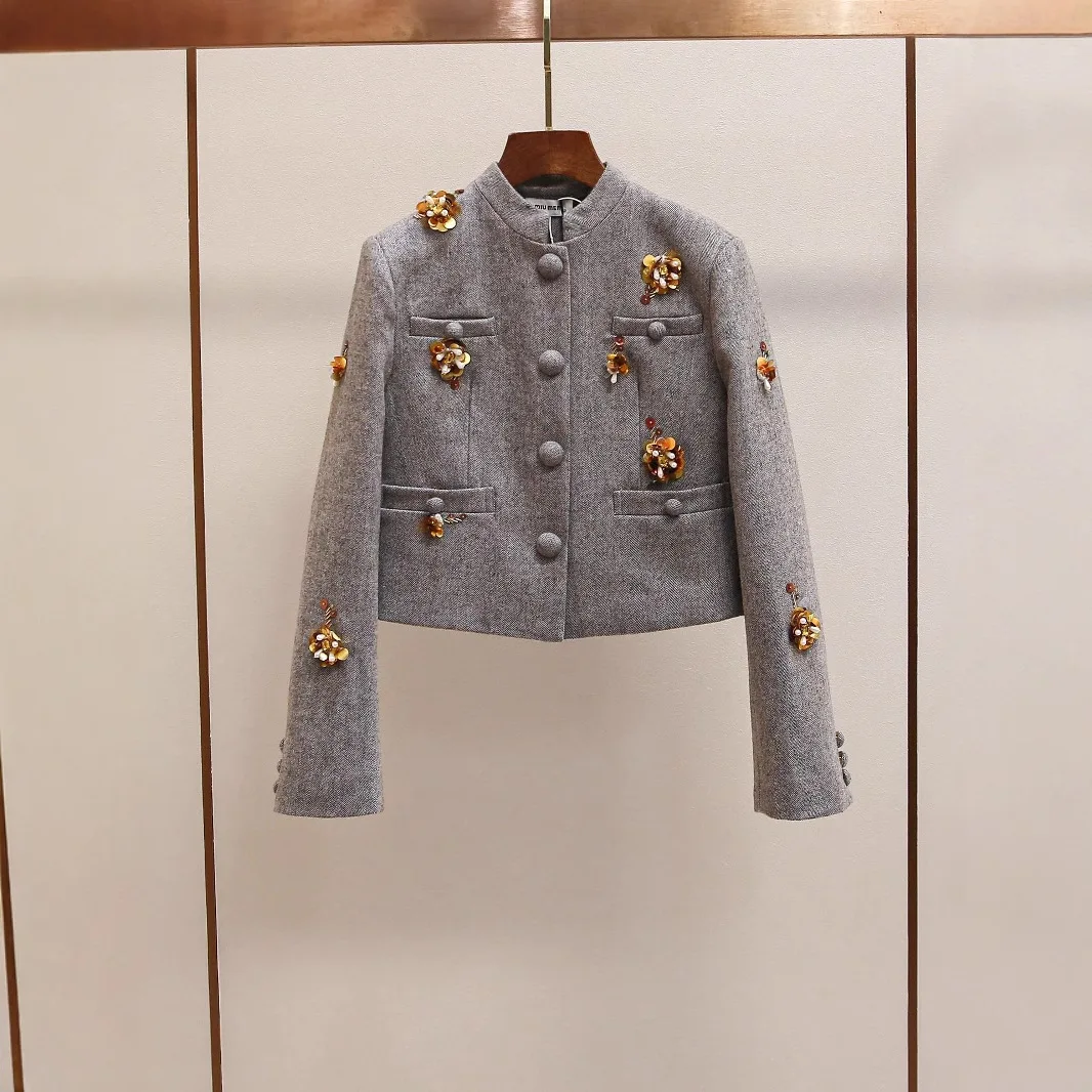 2025 Autumn Women Fashion Vintage Pearl Embroidered Blazer Skirt Suit Casual Set