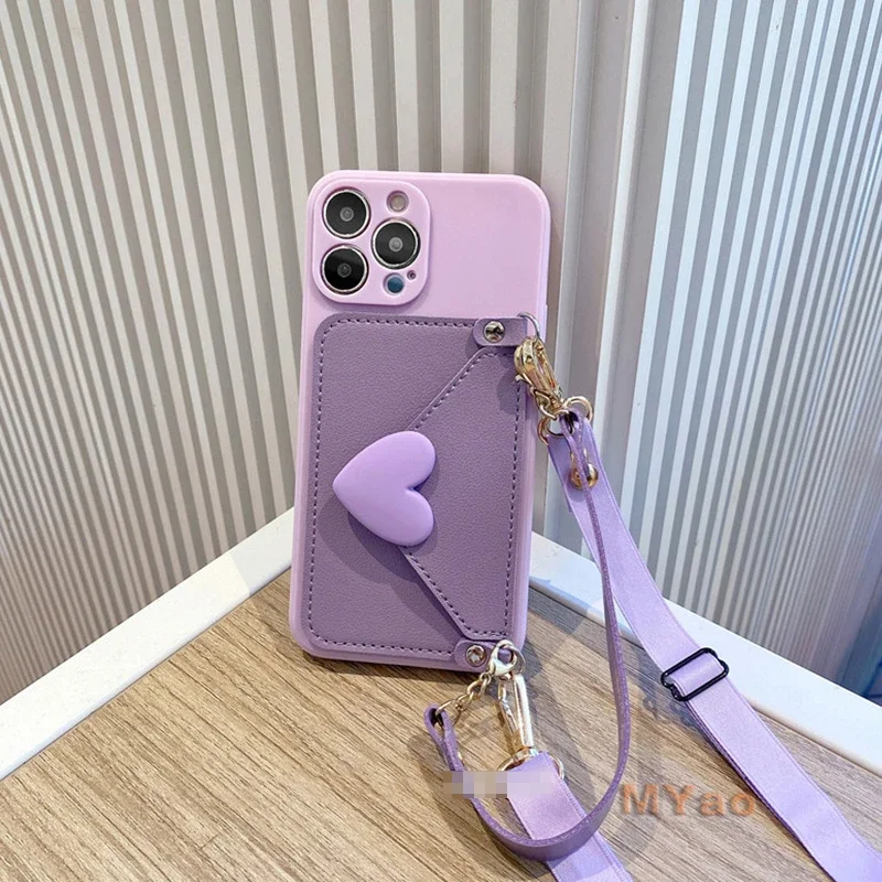 Purple Black Pink heart Phone Case For Samsung galaxy S24 Ultra S23 22 21 20 Plus FE Note20 Necklace Strap Lanyard Wallet Cover