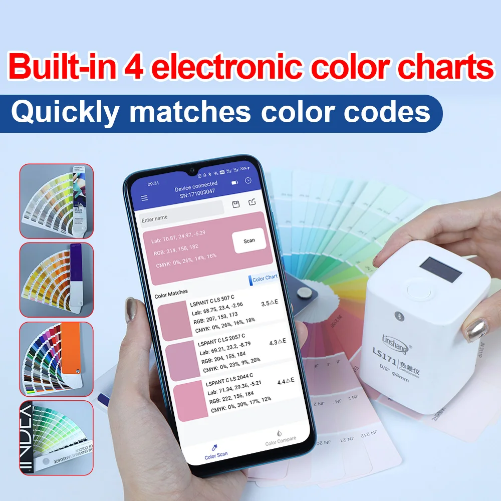 مقياس الألوان الرقمي قارئ ألوان الطلاء مقياس الألوان القوي بلوتوث مقياس الألوان Ncs Ral Pantone E-chart D/8 للبلاستيك LS171