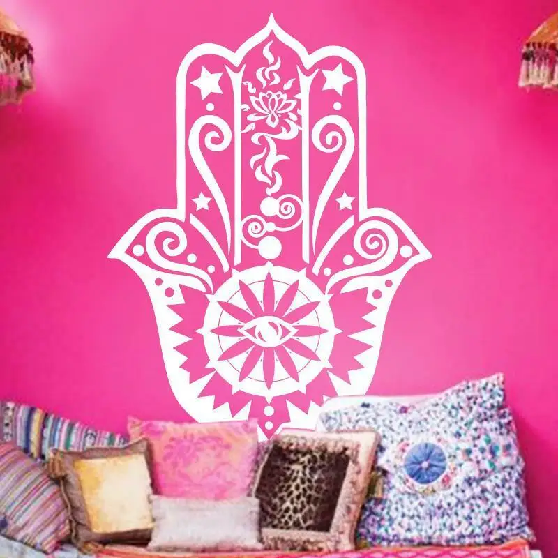 Art Home Decor Hamsa Hand Wall Decal Vinyl Fatima Yoga Vibes 3D Wall Sticker Fish Eye Decals Indian Buddha Lotus Pattern Mural