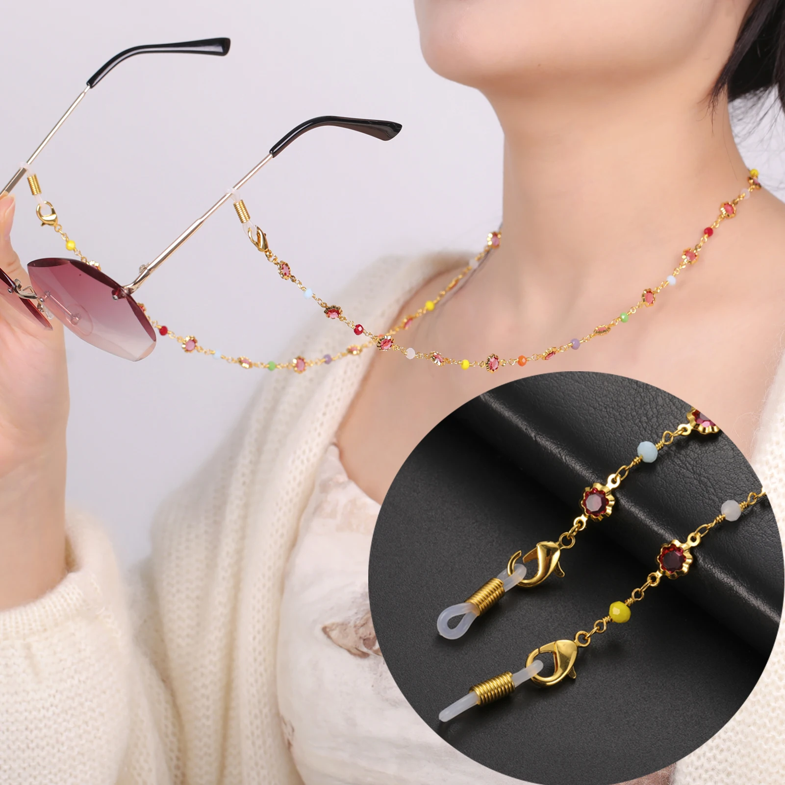 LIKGREAT Colorful Crystal Beads Glasses Chain Flower Shaped Women Eye Accessories Sunglass Lanyard Eyeglass Strap Cord Wholesale