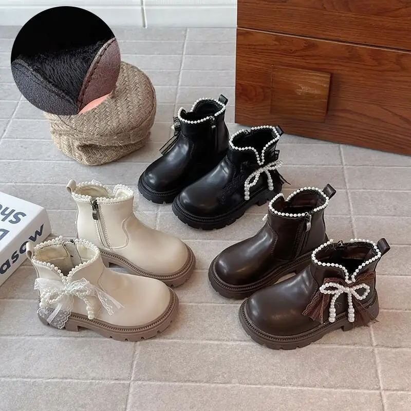 

Kawaii Keep Warm Casual Shoe Fashion Childrens Shoes Kids Faux Leather Boots Girls Princess Boots Winter Warm Lined Soft Sole
