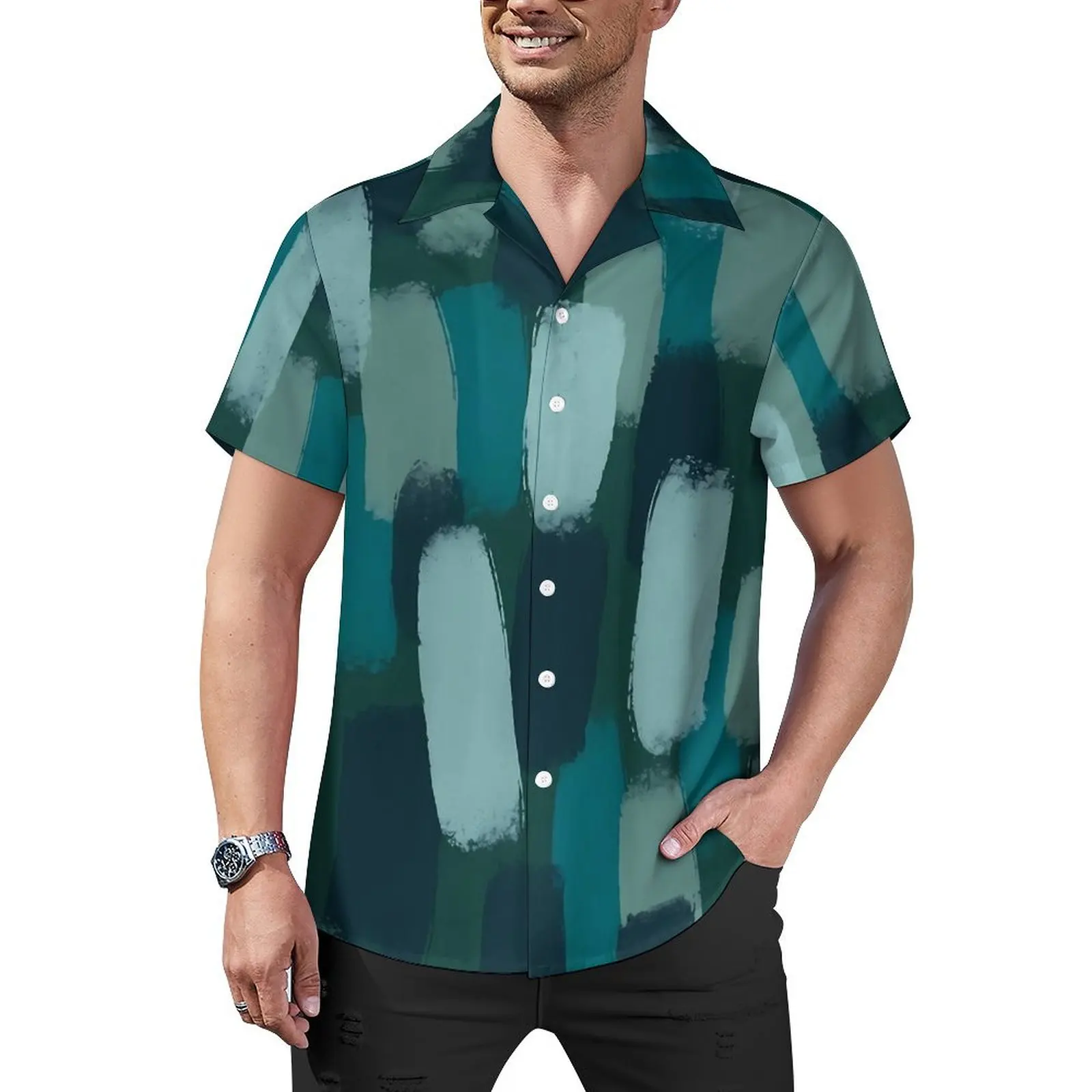 Green Paint Brush Vacation Shirt Abstract Shades Hawaiian Casual Shirts Male Vintage Blouses Short Sleeve Comfortable Print Tops