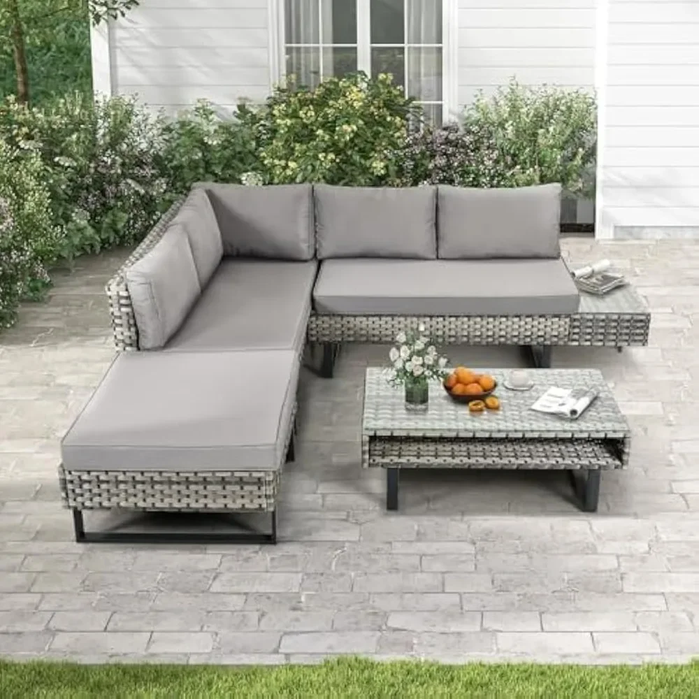 Patio Furniture Set, Sectional L-Shaped Sofa, for Patio Backyard Poolside Porch, Wicker Conversation Set with Coffee Table